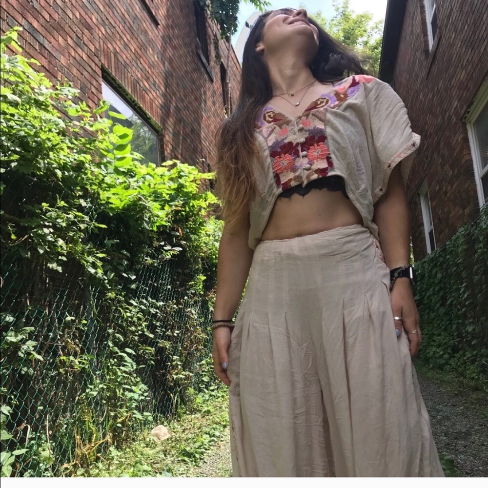 Free People Cream Embroidered Cropped Top and Skirt Set